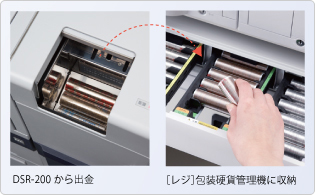 ［包装硬貨出金機能］DSR-200から出金し、つり銭用としてレジの包装硬貨管理機に収納