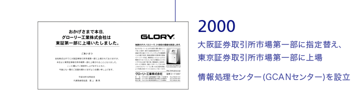 2000 大阪証券取引所市場第一部に指定替え、東京証券取引所市場第一部に上場
情報処理センター(GCANセンター)を設立