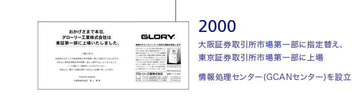 2000 大阪証券取引所市場第一部に指定替え、東京証券取引所市場第一部に上場
情報処理センター(GCANセンター)を設立