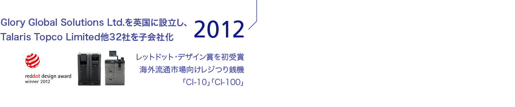 2012 Glory Global Solutions Ltd.を英国に設立し、Talaris Topco Limited他32社を子会社化
レットドット・デザイン賞を初受賞 海外流通市場向けレジつり銭機「CI-10」「CI-100」