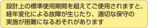 設計上の標準使用期間を超えてご使用されますと、経年変化による故障が生じたり、適切な保守の実施が困難になるおそれがあります